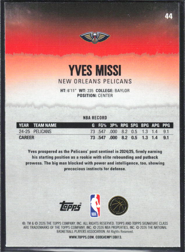 2025-26 Topps Signature Class #44 Yves Missi Chrome Pandora Refractor - baksida
