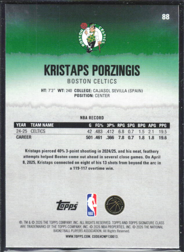 2025-26 Topps Signature Class #88 Kristaps Porzingis Chrome Pandora Refractor - baksida