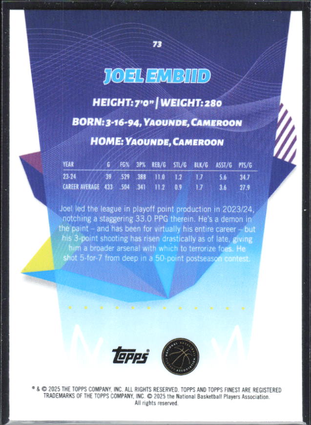 2024-25 Finest #73 Joel Embiid Geometric Refractor - baksida