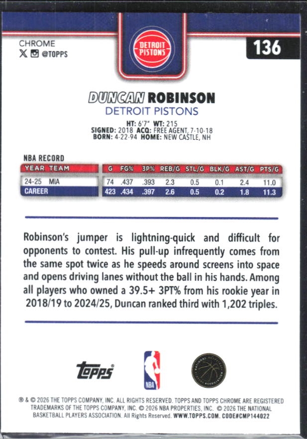 2025-26 Topps Chrome Update #136 Duncan Robinson Prism Refractor - baksida