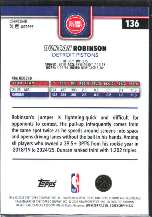 2025-26 Topps Chrome Update #136 Duncan Robinson Prism Refractor - baksida