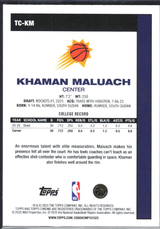 2025-26 Topps #TC-KM Khaman Maluach 1980-81 Topps Chrome Basketball - baksida