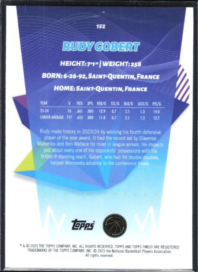 2024-25 Finest #152 Rudy Gobert Geometric Refractor - baksida