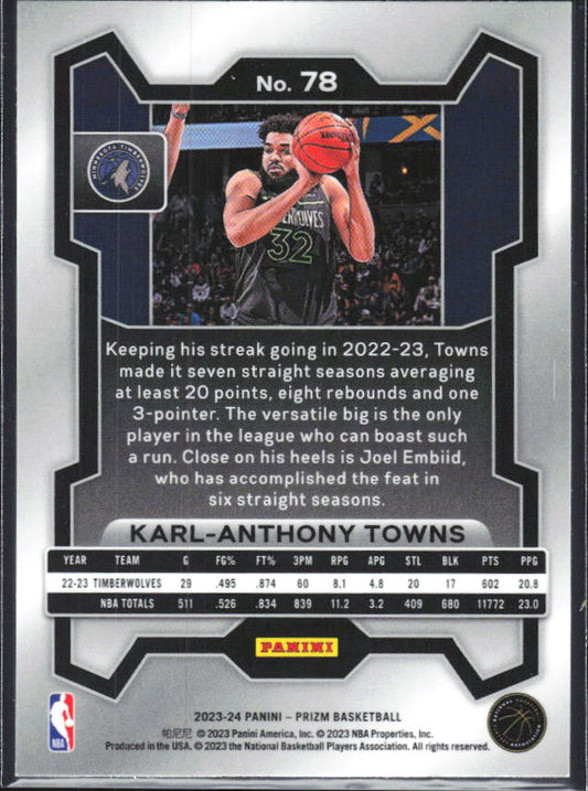 2023-24 Panini Prizm #78 Karl-Anthony Towns - baksida