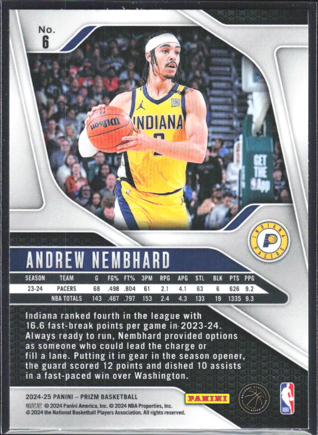 2024-25 Panini Prizm #6 Andrew Nembhard - baksida