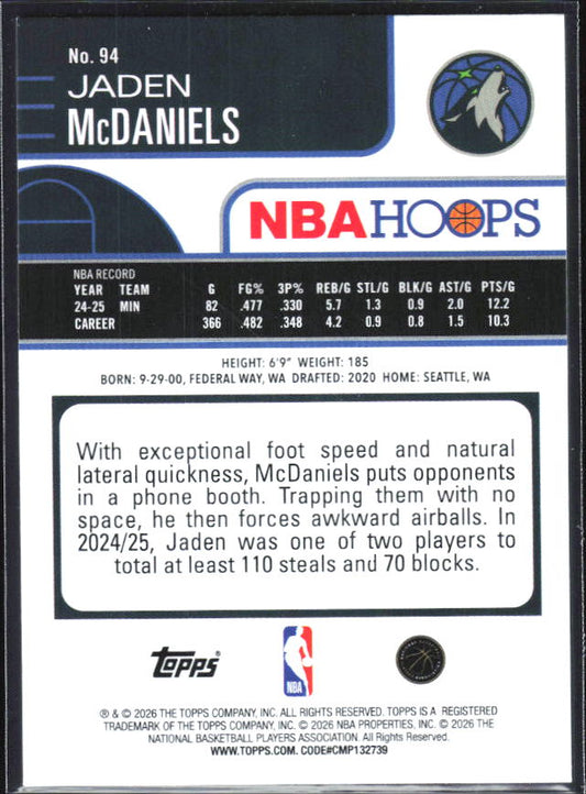2025-26 Hoops #94 Jaden McDaniels - baksida