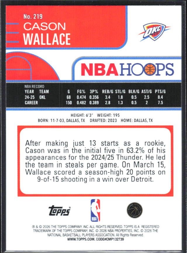 2025-26 Hoops #219 Cason Wallace - baksida