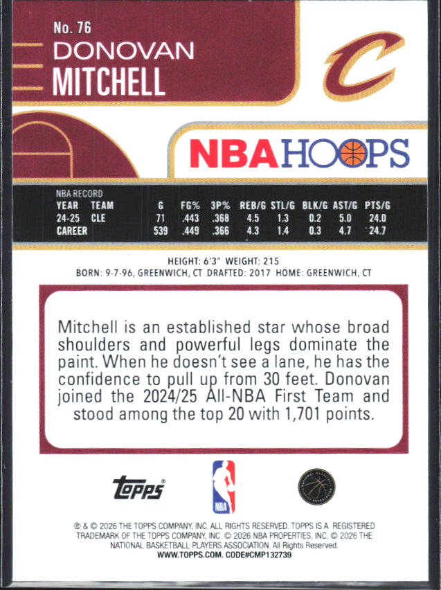 2025-26 Hoops #76 Donovan Mitchell - baksida