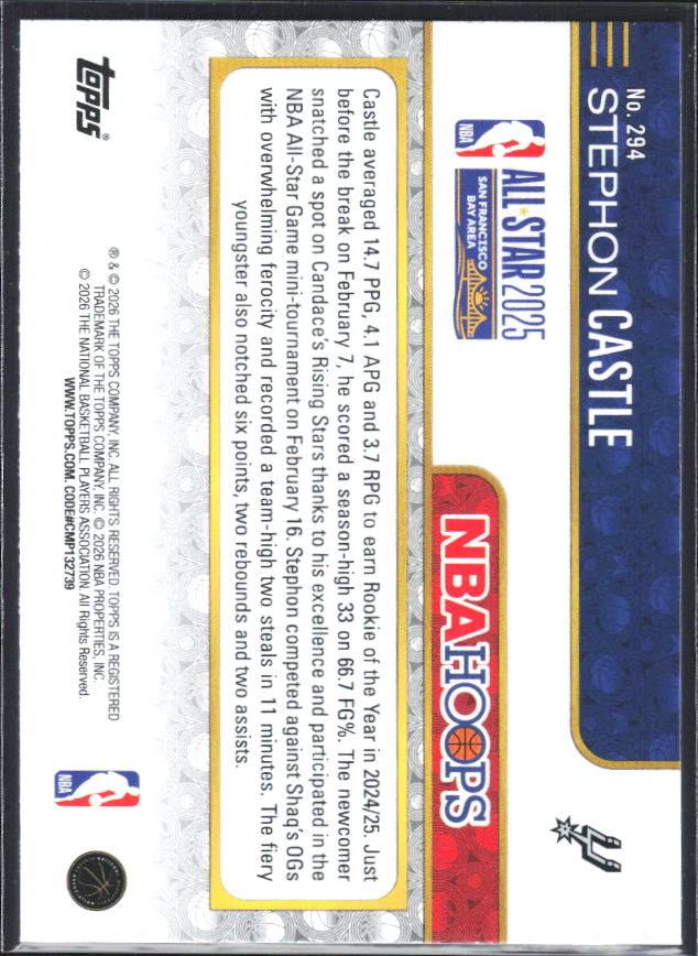 2025-26 Hoops #294 Stephon Castle - baksida