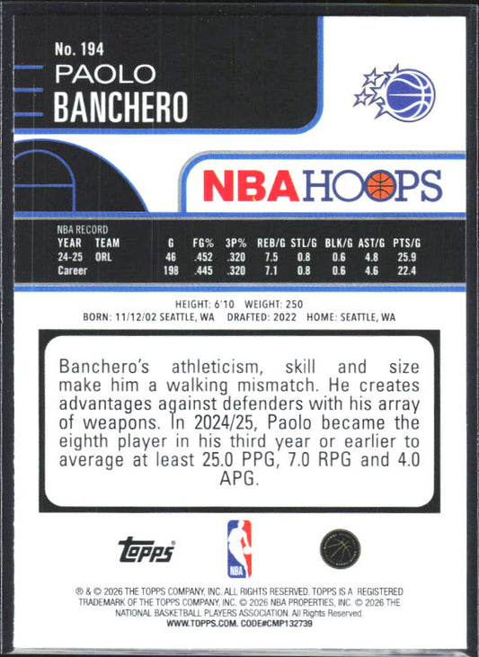 2025-26 Hoops #194 Paolo Banchero - baksida