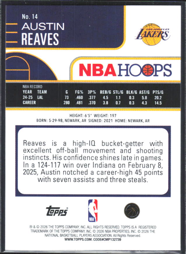 2025-26 Hoops #14 Austin Reaves Rainbow - baksida