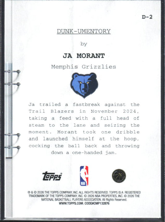 2025-26 Hoops #D-2 Ja Morant Dunk-umentory - baksida