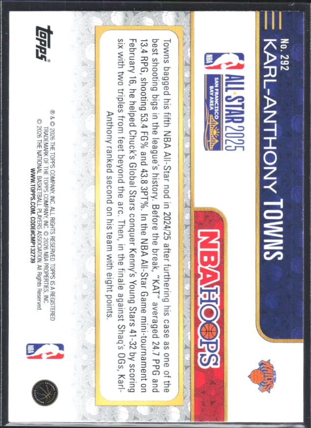 2025-26 Hoops #292 Karl-Anthony Towns - baksida