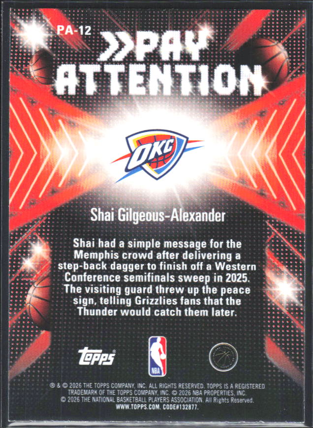 2025-26 Hoops #PA-12 Shai Gilgeous-Alexander Pay Attention - baksida