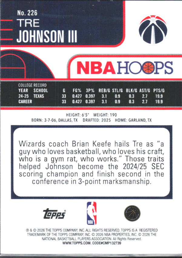2025-26 Hoops #226 Tre Johnson III Rainbow - baksida