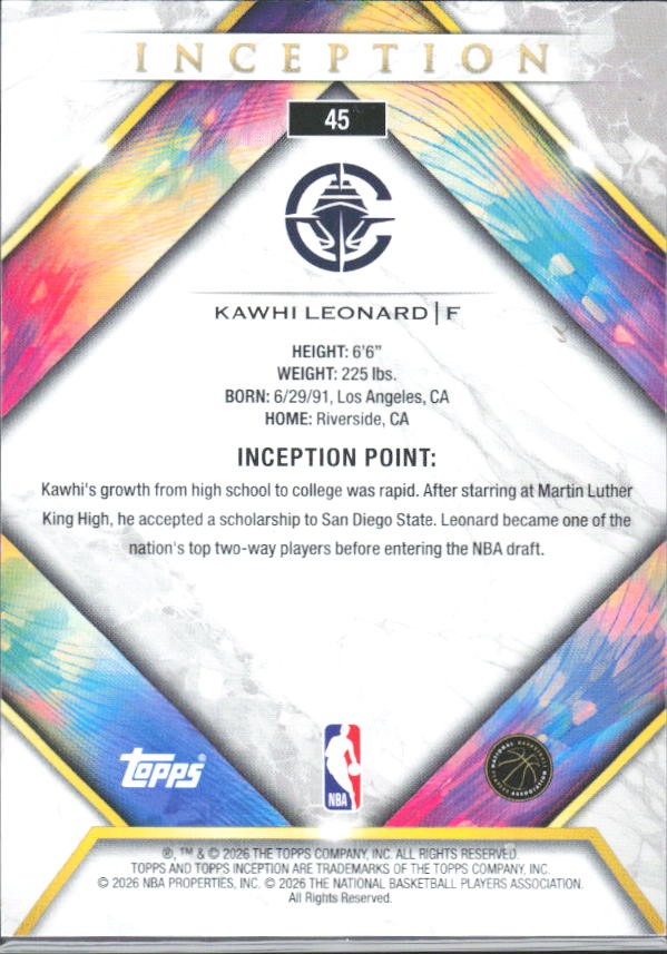 2025-26 Topps Inception #45 Kawhi Leonard - baksida