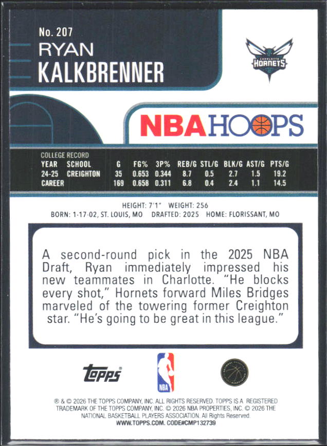 2025-26 Hoops #207 Ryan Kalkbrenner - baksida