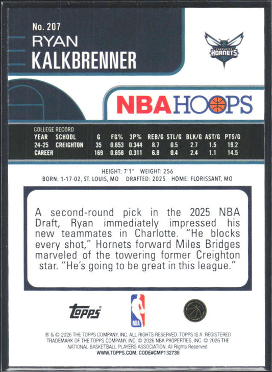 2025-26 Hoops #207 Ryan Kalkbrenner - baksida