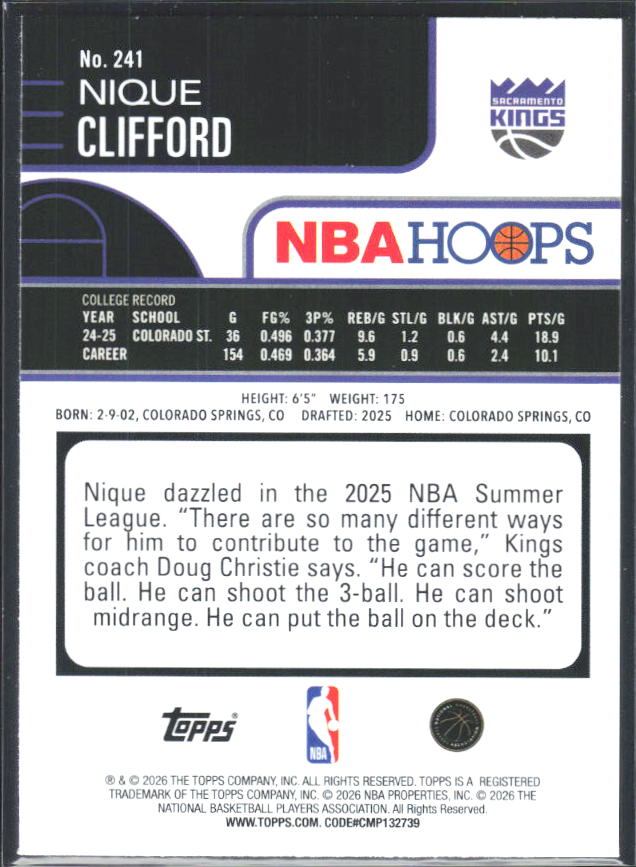 2025-26 Hoops #241 Nique Clifford - baksida