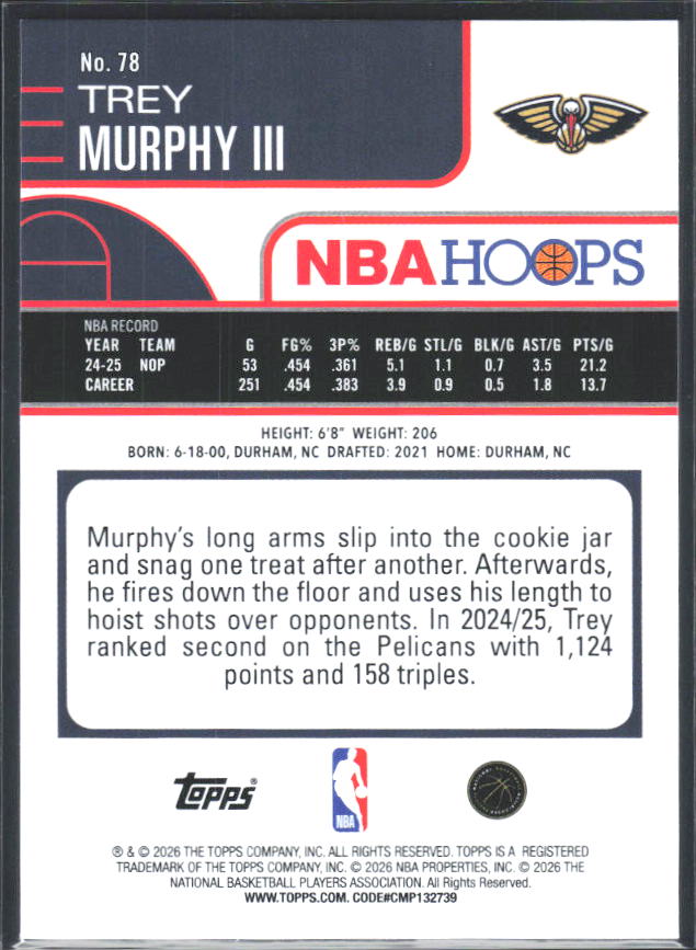 2025-26 Hoops #78 Trey Murphy III - baksida