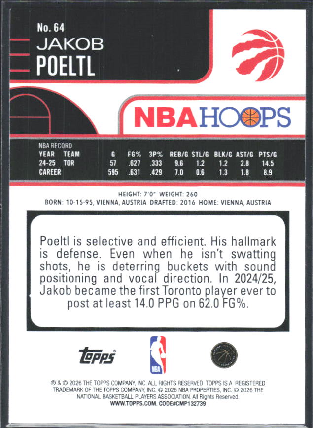 2025-26 Hoops #64 Jakob Poeltl - baksida