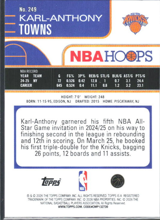 2025-26 Hoops #249 Karl-Anthony Towns - baksida