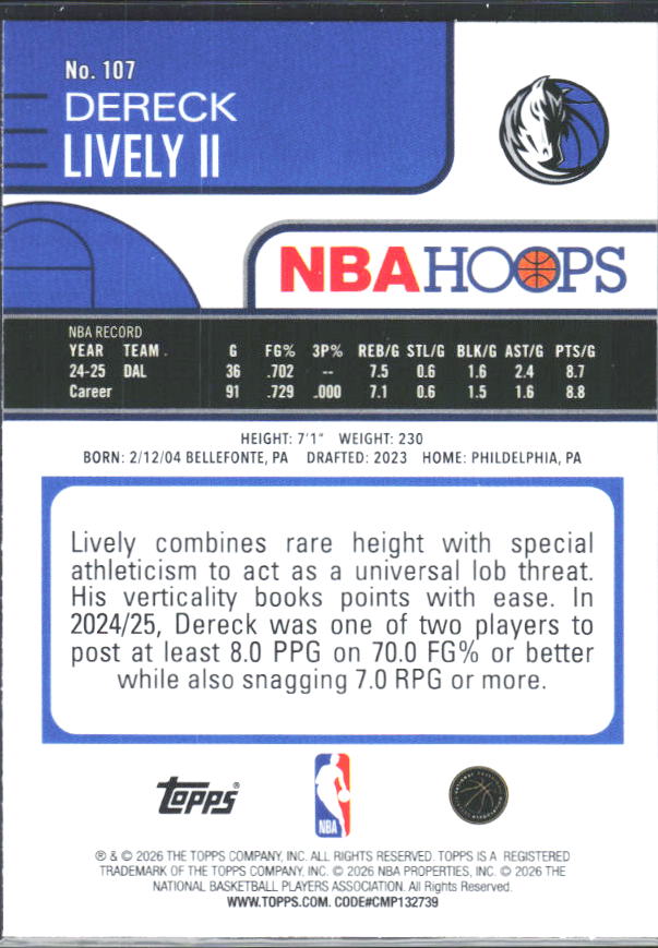 2025-26 Hoops #107 Dereck Lively II - baksida