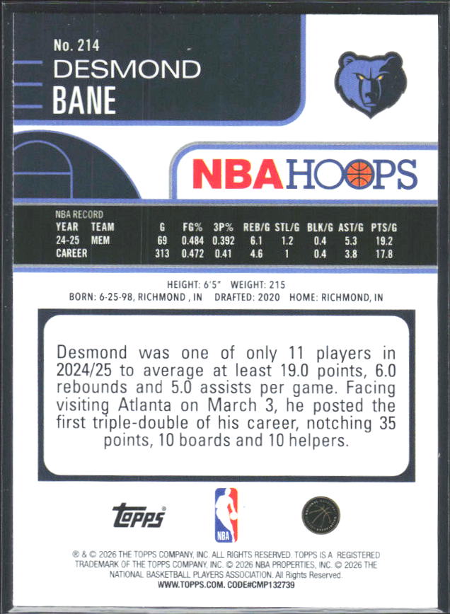2025-26 Hoops #214 Desmond Bane - baksida