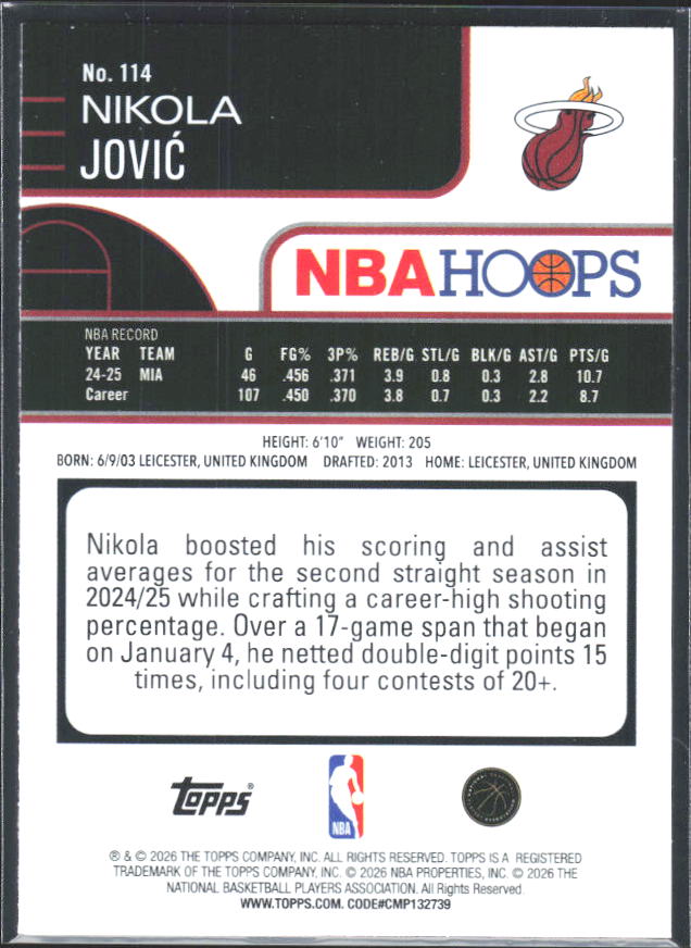 2025-26 Hoops #114 Nikola Jovic - baksida