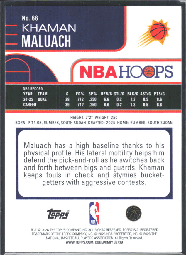 2025-26 Hoops #66 Khaman Maluach Rainbow - baksida