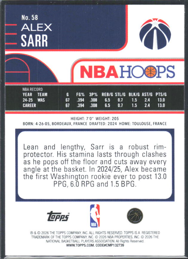 2025-26 Hoops #58 Alex Sarr - baksida