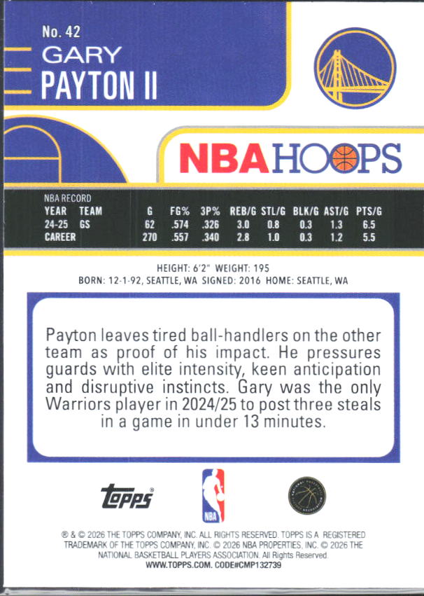 2025-26 Hoops #42 Gary Payton II - baksida