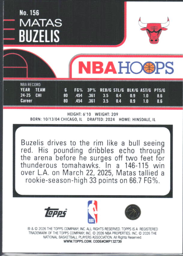 2025-26 Hoops #156 Matas Buzelis - baksida