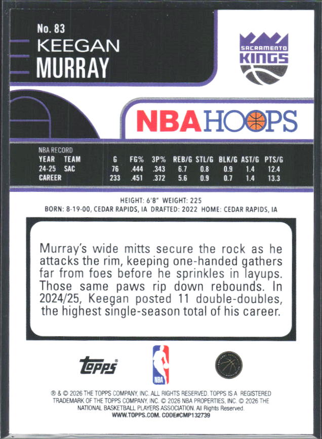 2025-26 Hoops #83 Keegan Murray - baksida