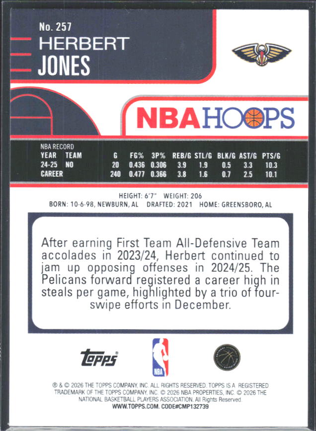 2025-26 Hoops #257 Herbert Jones - baksida
