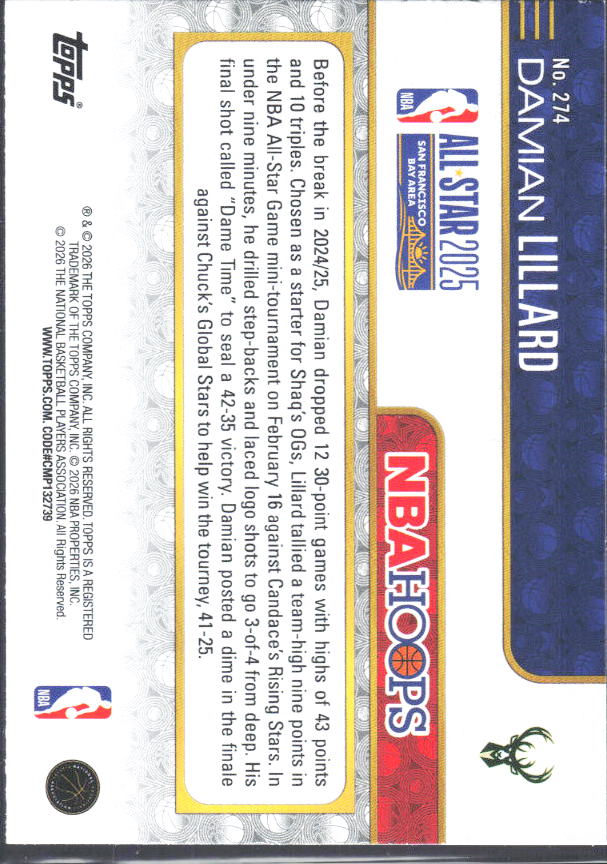 2025-26 Hoops #274 Damian Lillard - baksida
