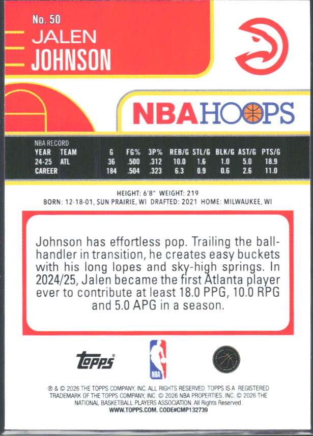 2025-26 Hoops #50 Jalen Johnson - baksida