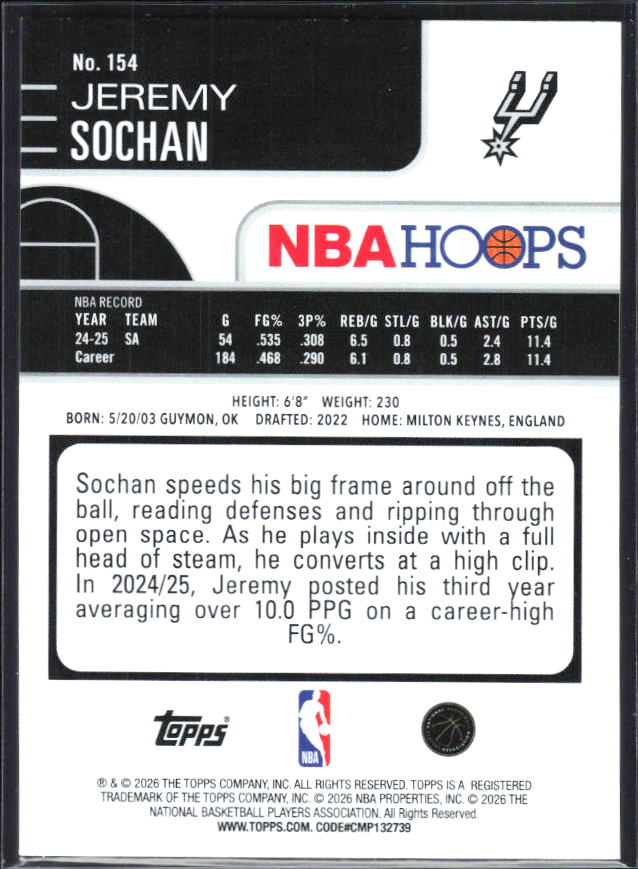2025-26 Hoops #154 Jeremy Sochan Light Burst - baksida