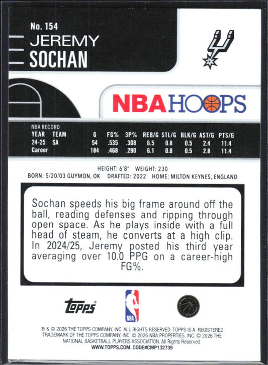 2025-26 Hoops #154 Jeremy Sochan Light Burst - baksida