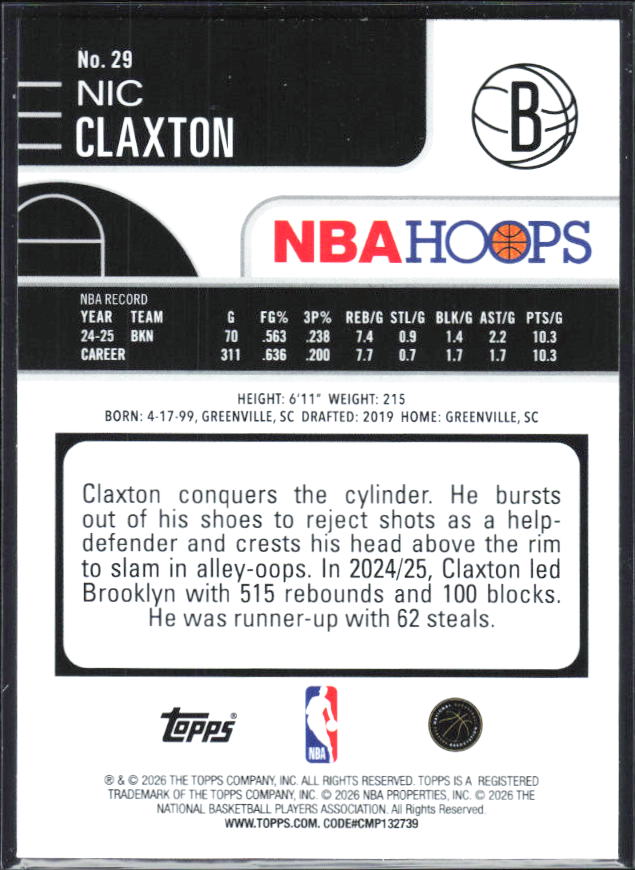 2025-26 Hoops #29 Nic Claxton - baksida