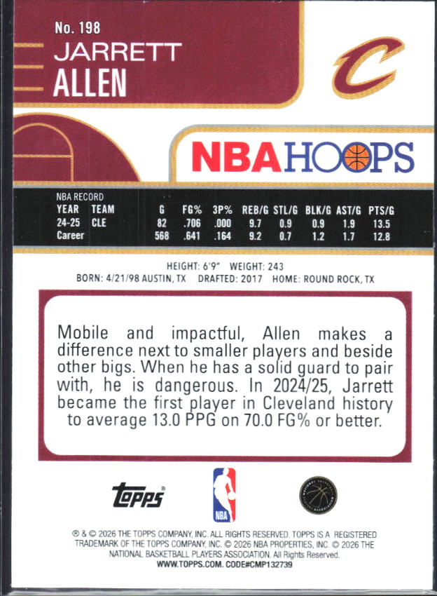 2025-26 Hoops #198 Jarrett Allen - baksida