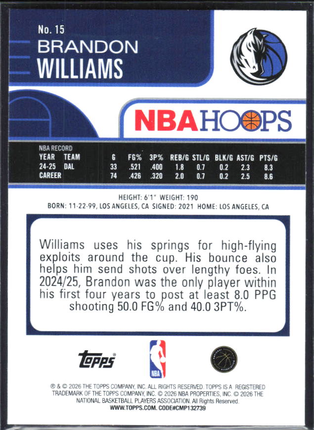 2025-26 Hoops #15 Brandon Williams - baksida