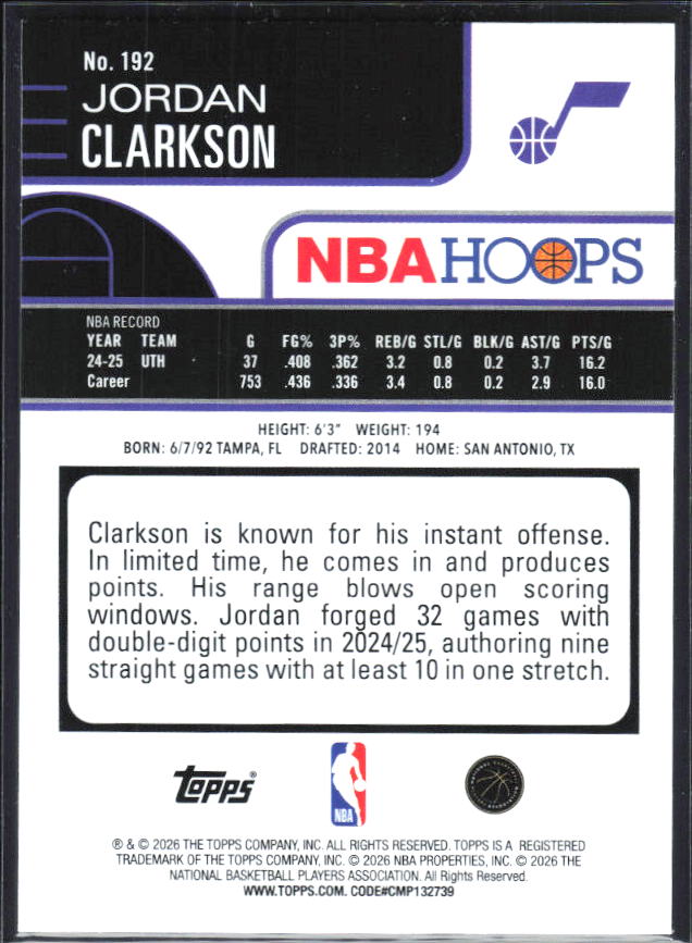 2025-26 Hoops #192 Jordan Clarkson - baksida