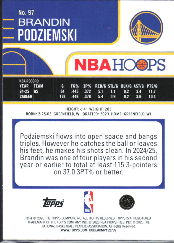 2025-26 Hoops #97 Brandin Podziemski - baksida