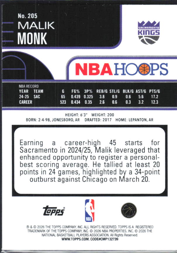 2025-26 Hoops #205 Malik Monk - baksida