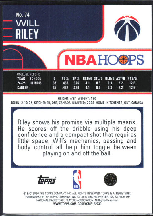 2025-26 Hoops #74 Will Riley - baksida