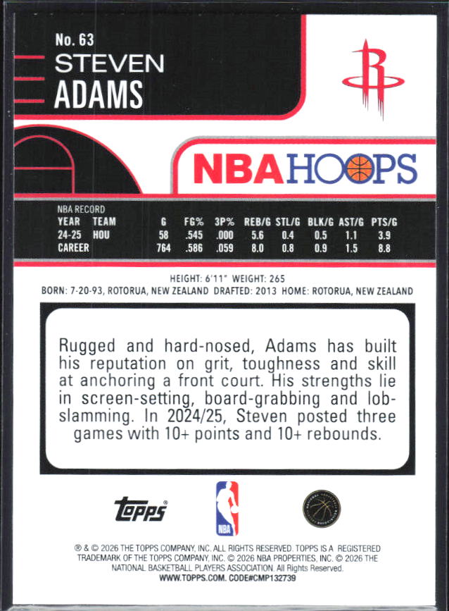 2025-26 Hoops #63 Steven Adams - baksida