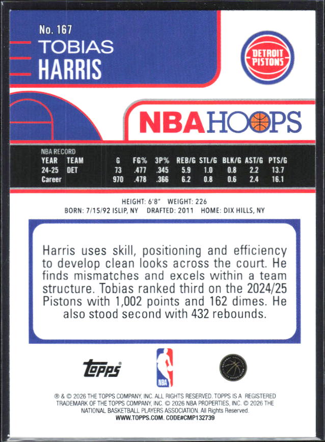 2025-26 Hoops #167 Tobias Harris - baksida