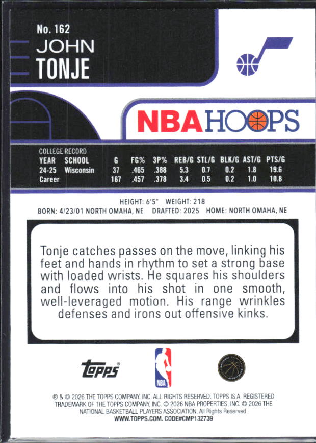 2025-26 Hoops #162 John Tonje - baksida