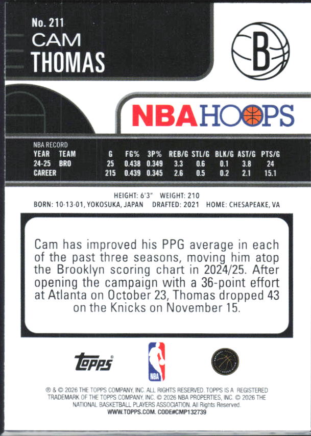 2025-26 Hoops #211 Cam Thomas - baksida